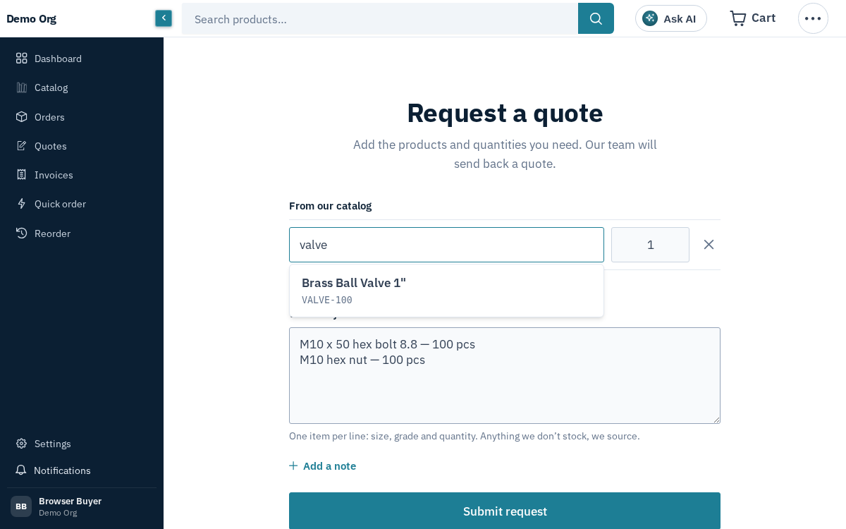 Figure: Type a name or SKU — live suggestions come from the whole catalog