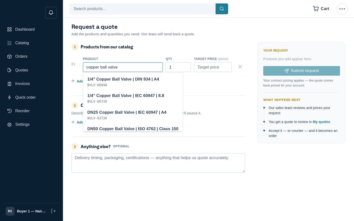 Figure: Type a name or SKU — live suggestions come from the whole catalog