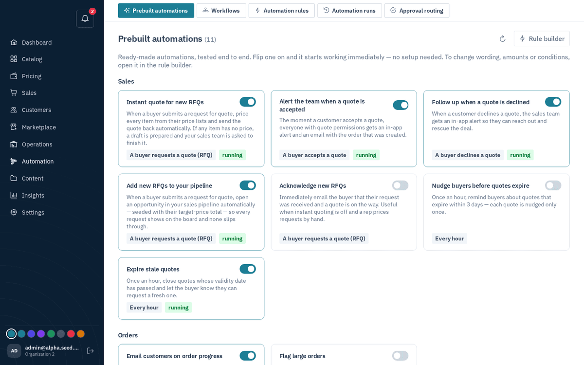 Figure: Prebuilt automations — one-click toggles for instant quotes, dunning, cart recovery and more