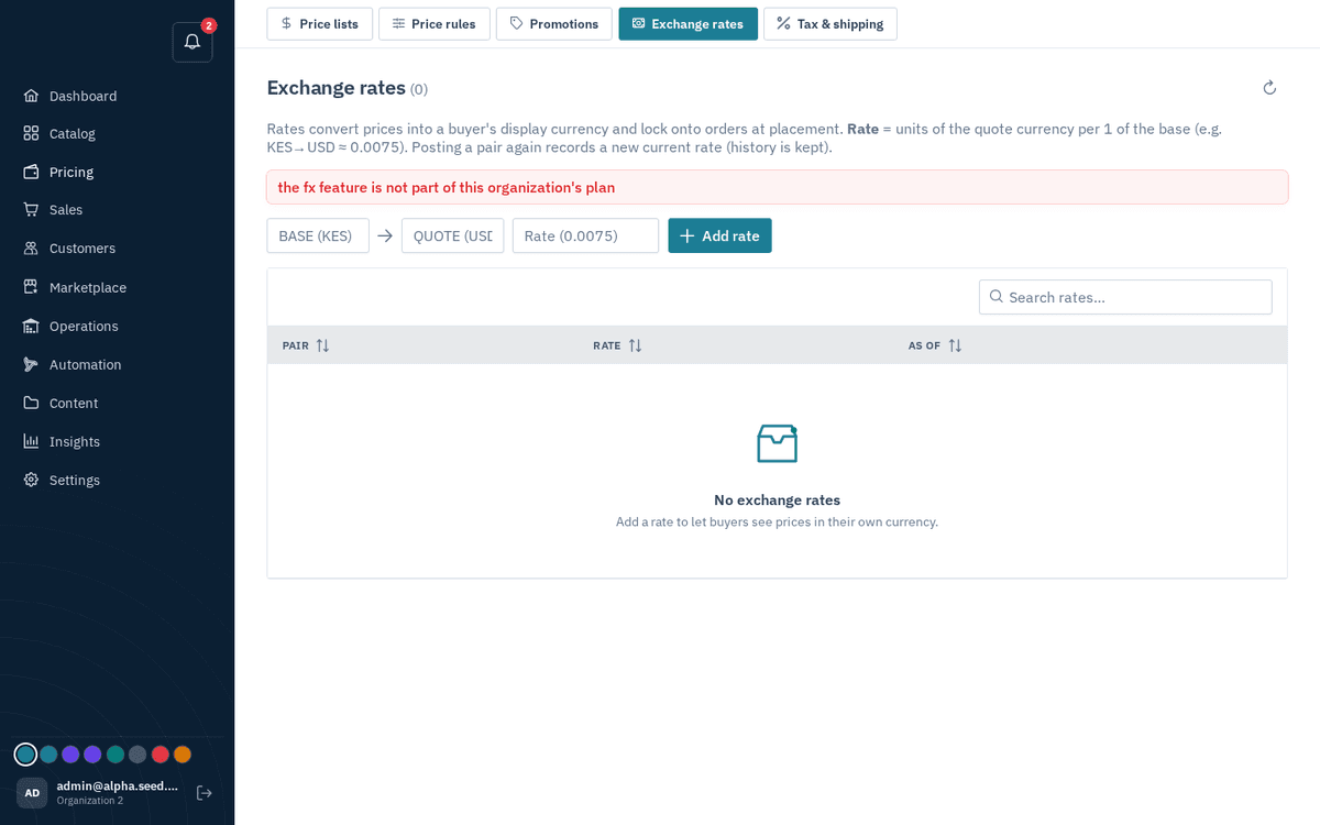 Figure: Pricing → Exchange rates — currency pairs with history