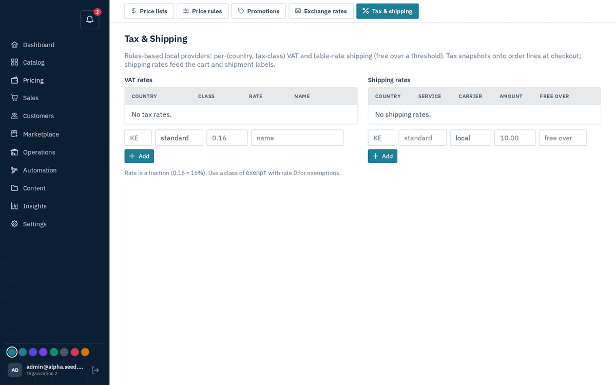 Figure: Pricing → Tax &amp; shipping — VAT rates and table-rate shipping