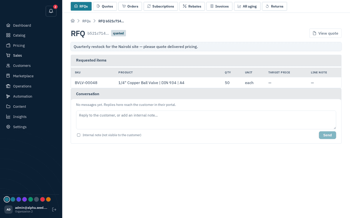 Figure: An RFQ — requested items with quantities, targets and buyer notes