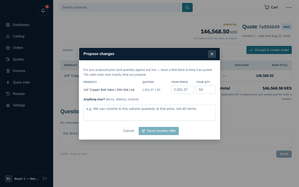 Figure: Counter-offer: put your price or quantity against any line and send it back