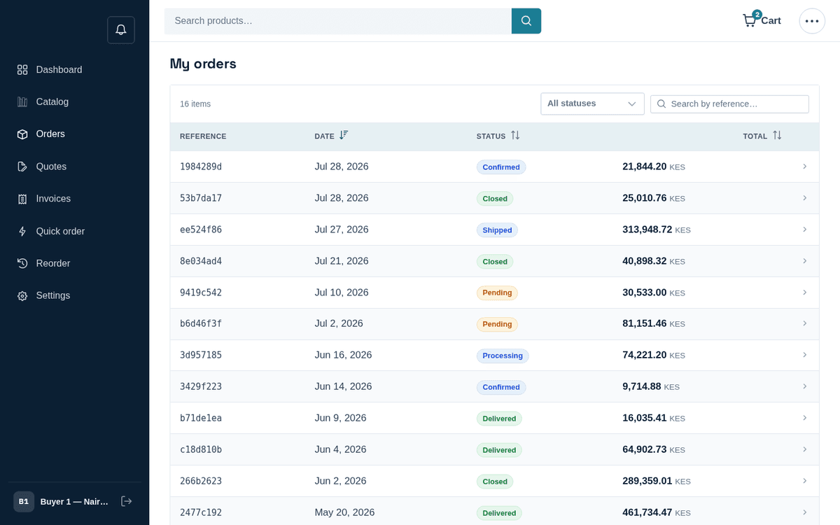 Figure: My orders — search, filter and open any order