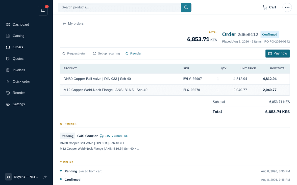 Figure: An order: items, shipments with tracking, timeline and actions