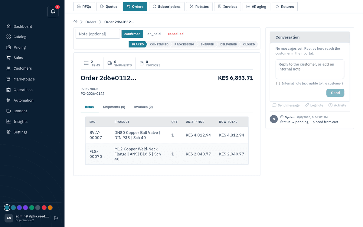 Figure: An order — status ribbon, items, transition buttons and the activity rail