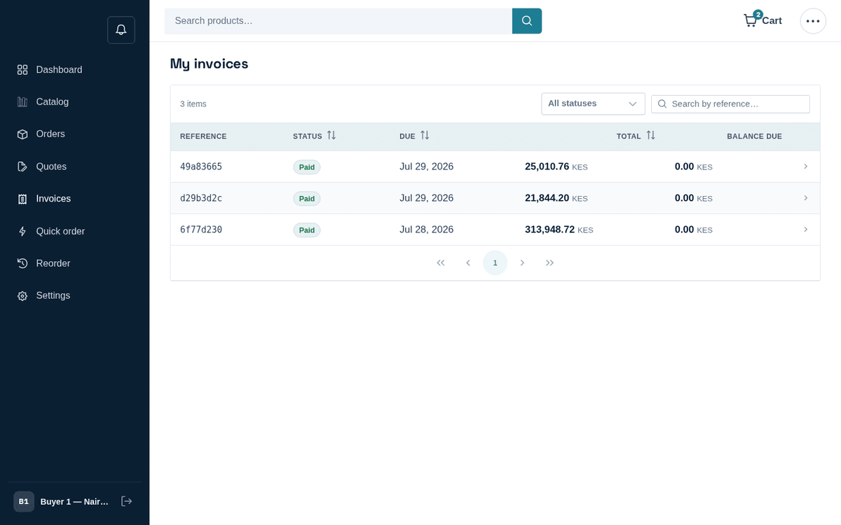Figure: Invoices — status, due date, total and balance due