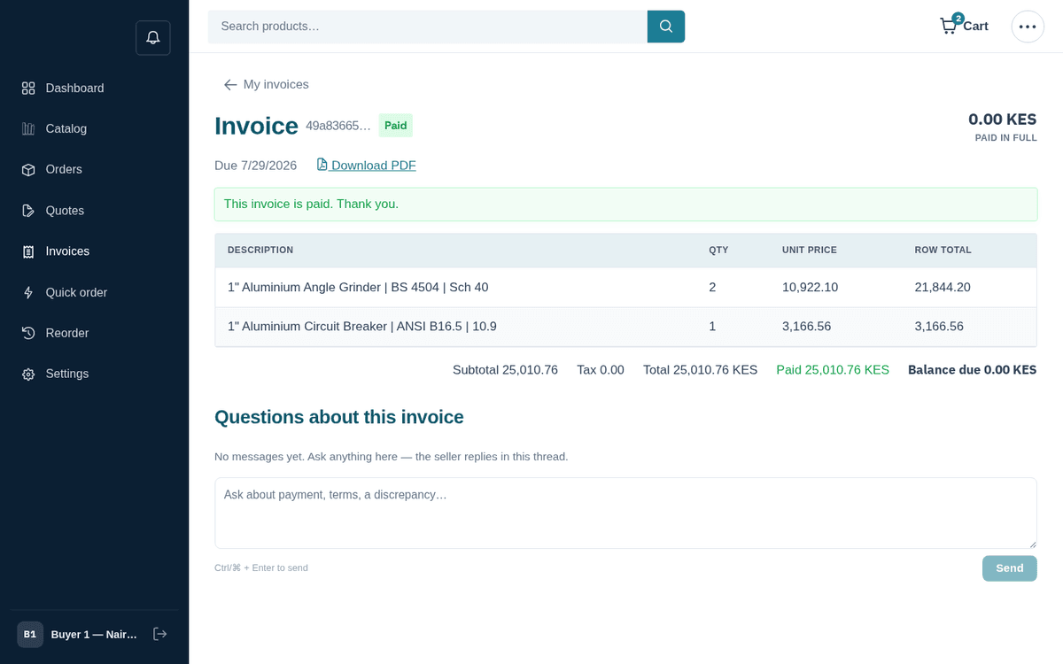 Figure: An invoice: download the PDF, see line items, and pay