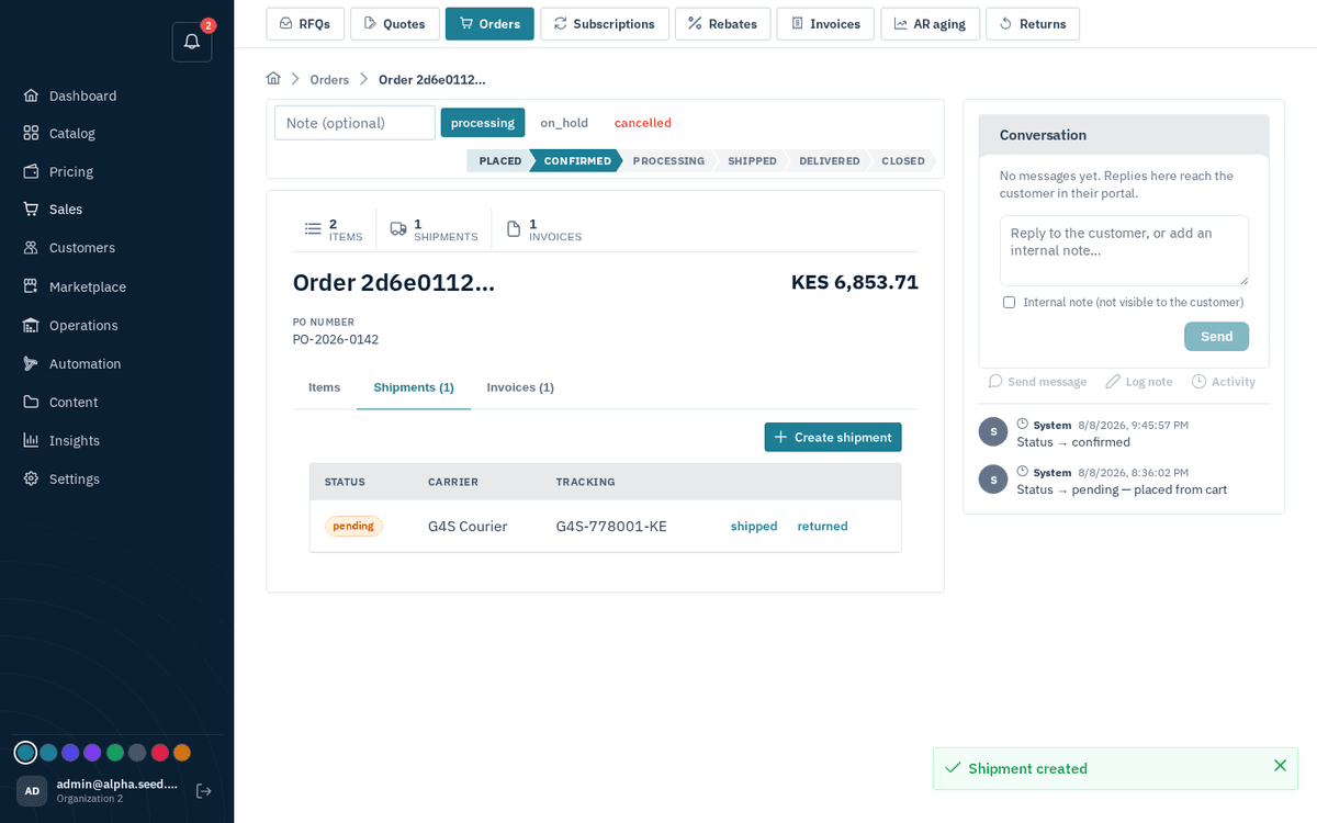 Figure: The shipment appears with its own advance buttons — shipped, delivered, returned