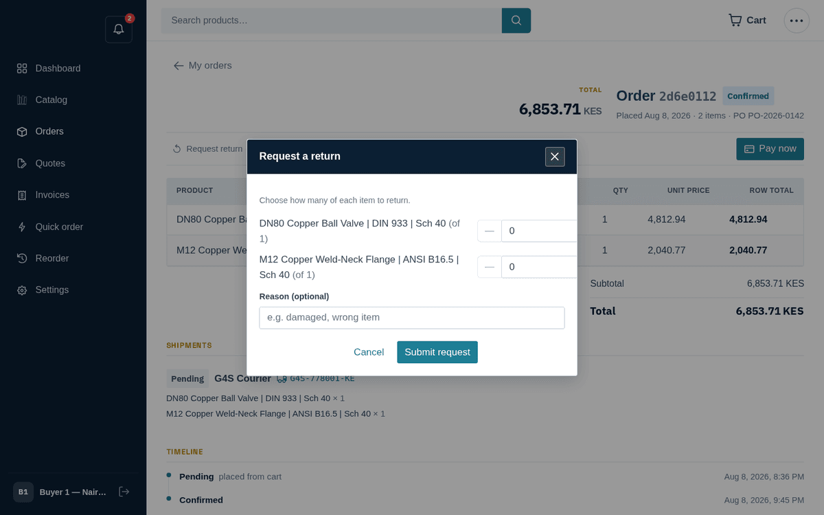 Figure: Request a return: pick lines and quantities