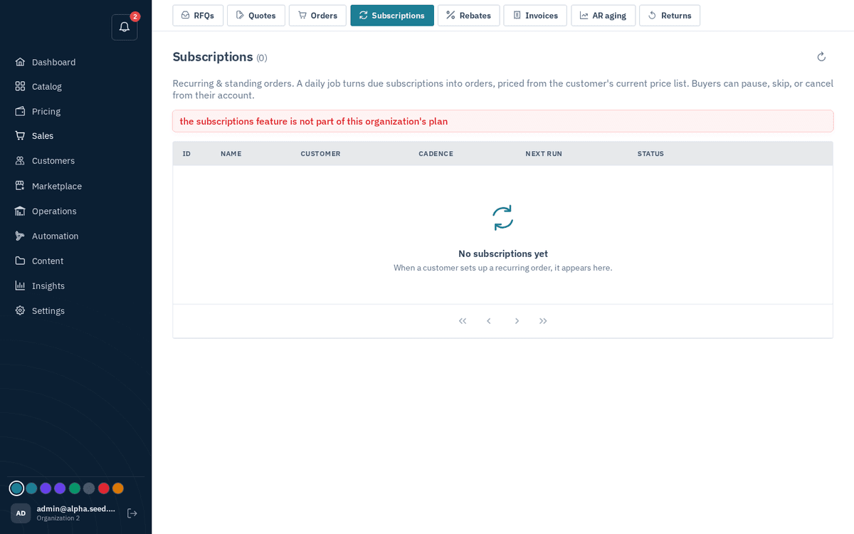 Figure: Sales → Subscriptions — recurring orders on a cadence