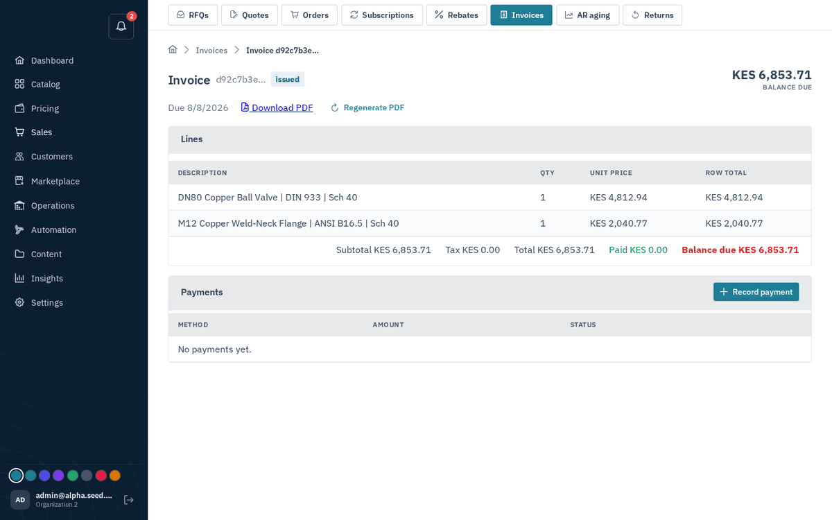 Figure: An invoice — balance due, lines, PDF download and payments