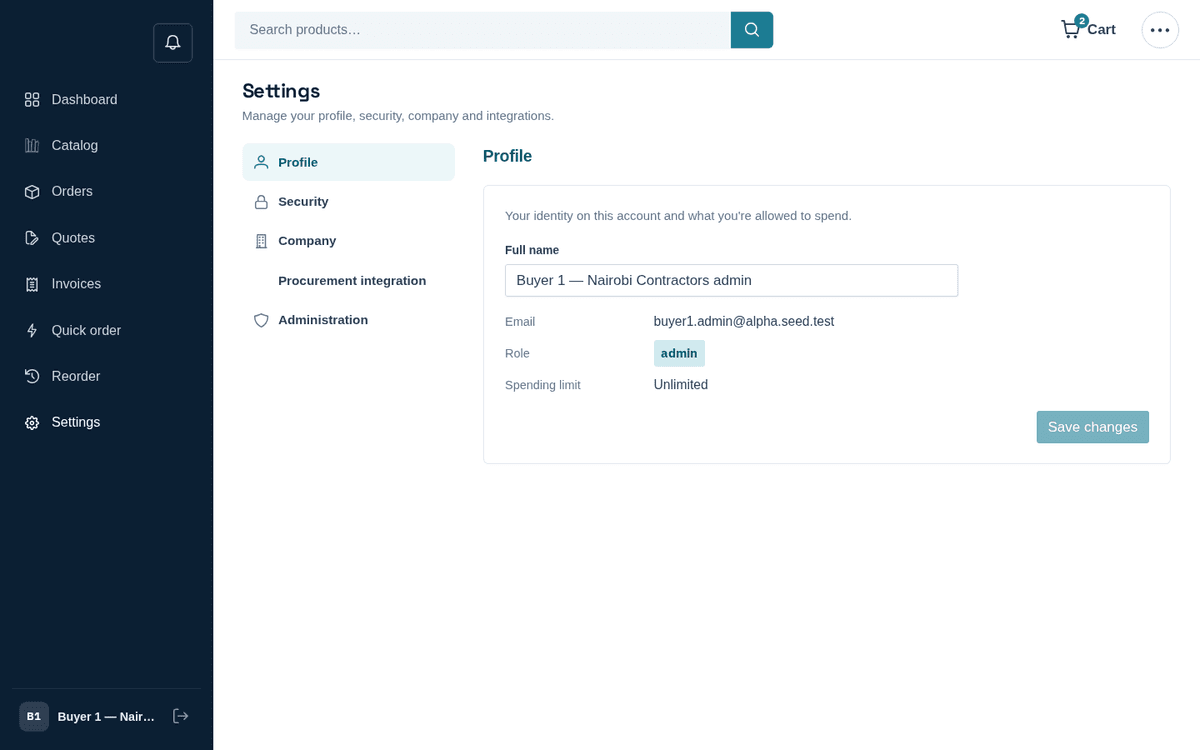 Figure: Account settings: profile, security, company, procurement integration