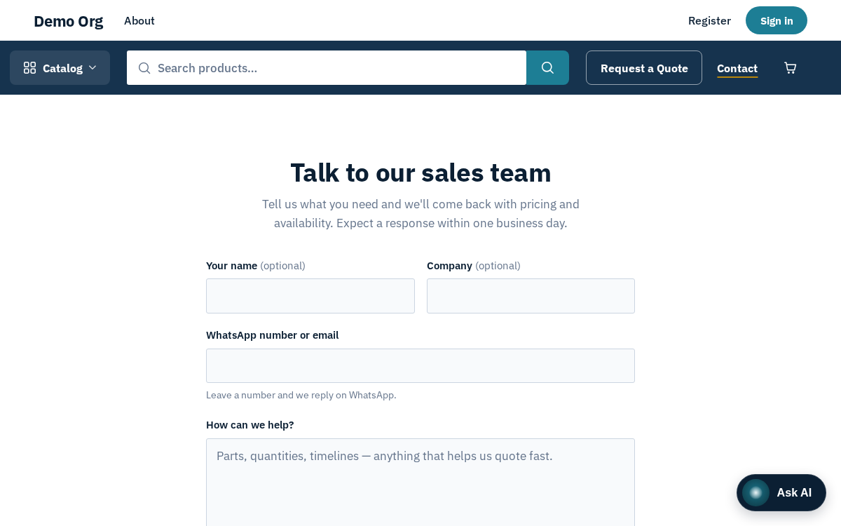 Figure: The public contact / enquiry form — it goes straight to the sales team