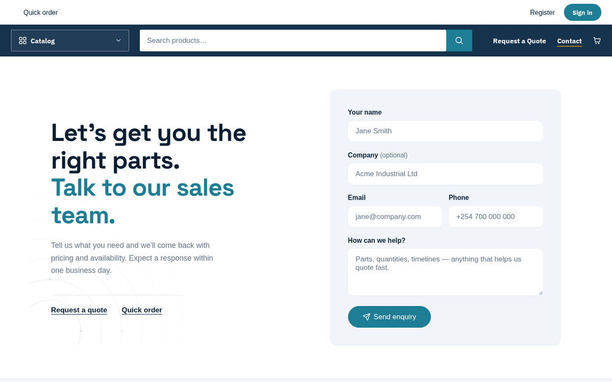 Figure: The public contact / enquiry form — it goes straight to the sales team