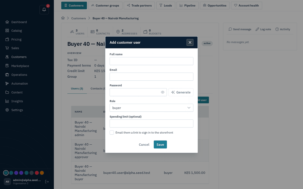 Figure: Add customer user — role (buyer/approver/admin) and an optional spending limit