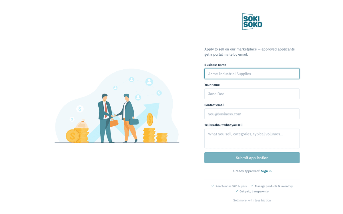 Figure: The Apply to sell form — business name, contact and what you sell