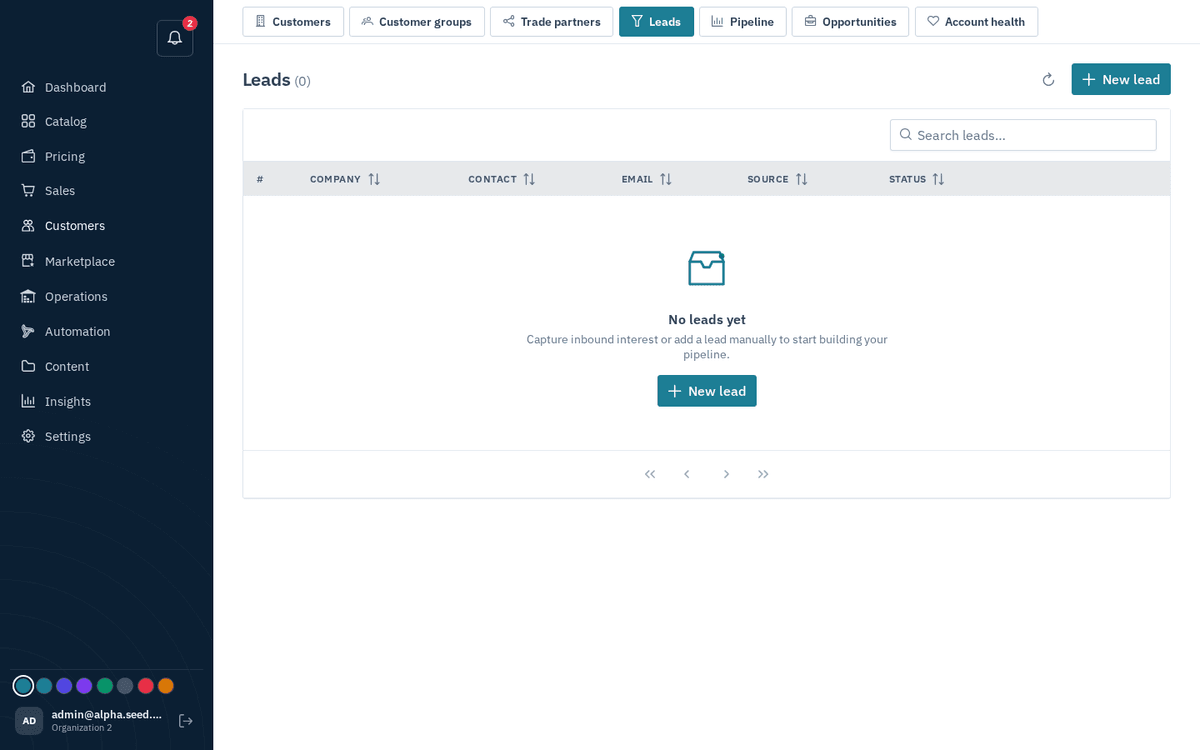 Figure: CRM → Leads — storefront enquiries land here; convert to customer + opportunity