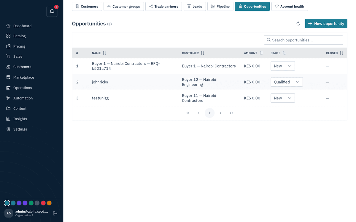Figure: CRM → Opportunities — deal list with inline stage moves