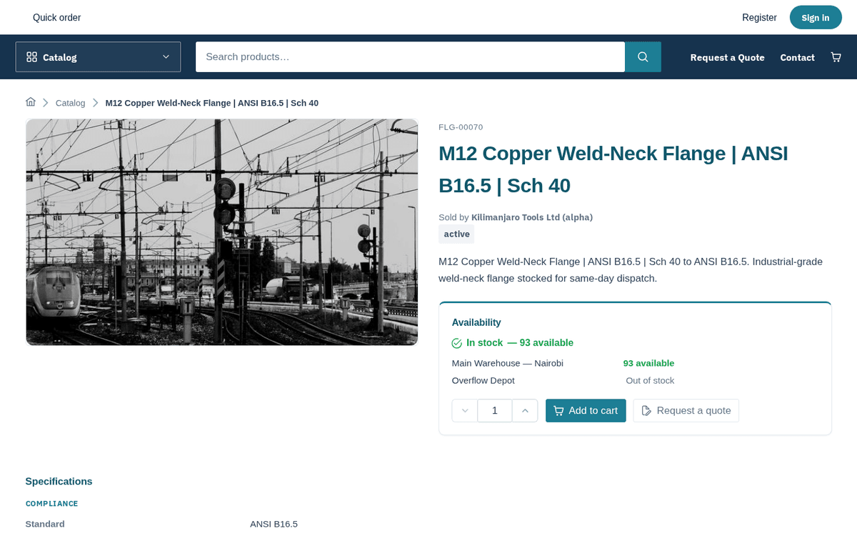 Figure: A storefront product page — gallery, “Sold by” vendor line, availability per warehouse, Add to cart
