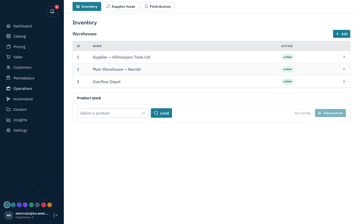 Figure: Operations → Inventory — warehouses and the product stock panel