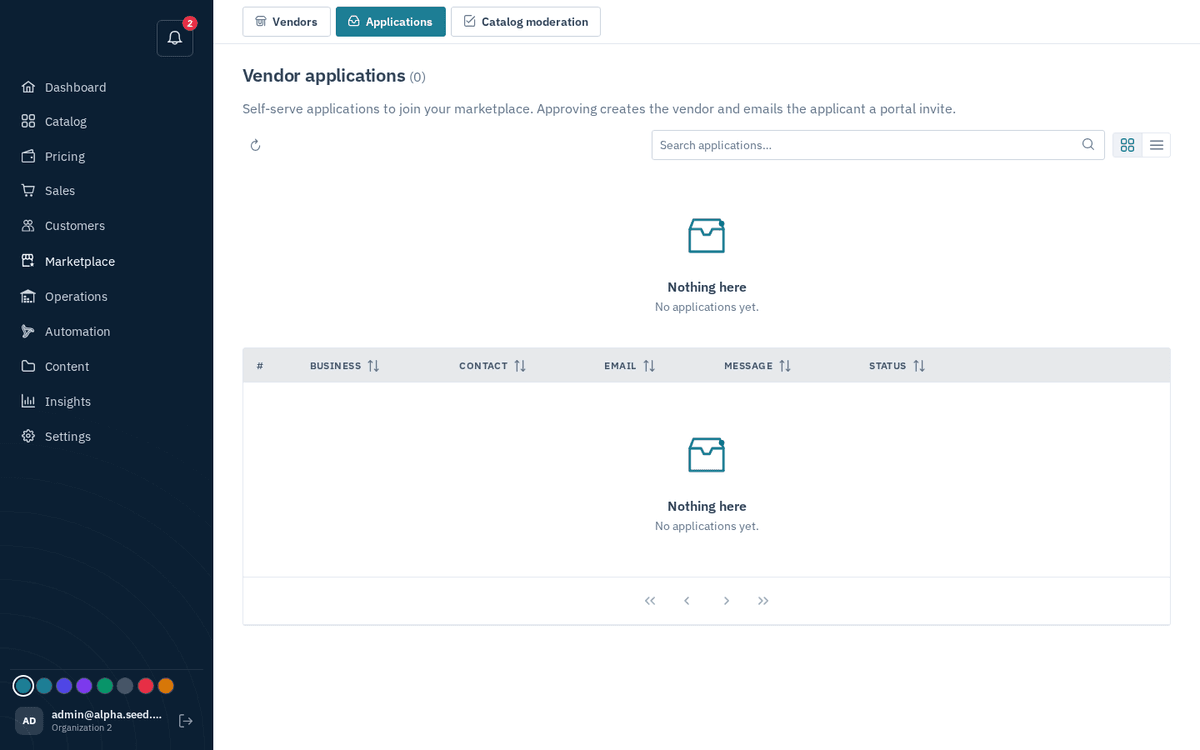 Figure: The operator’s Vendor applications queue — approving creates your vendor account and emails you an invite