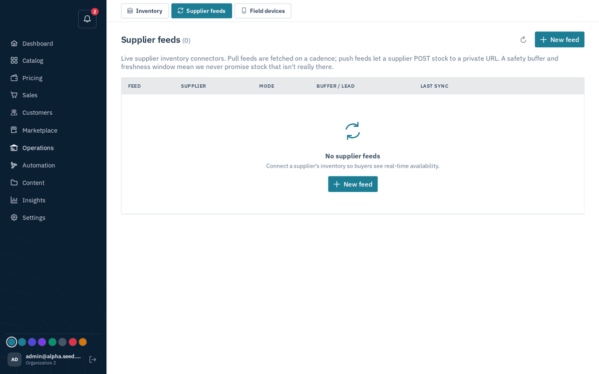 Figure: Operations → Supplier feeds — pull/push stock connectors with safety buffers