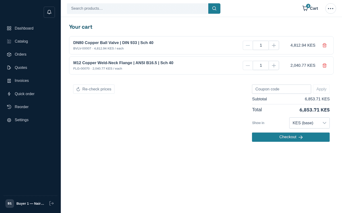 Figure: The cart — line items, quantity steppers, coupon box and totals