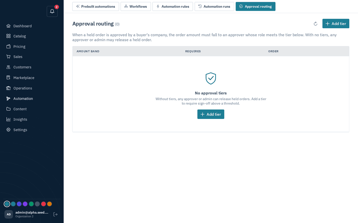 Figure: Automation → Approval routing — amount bands that decide who must approve