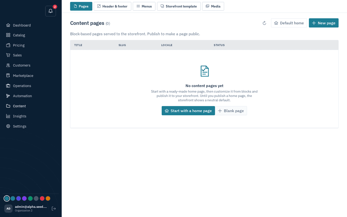 Figure: Content → Pages — block-based storefront pages; publish to go public