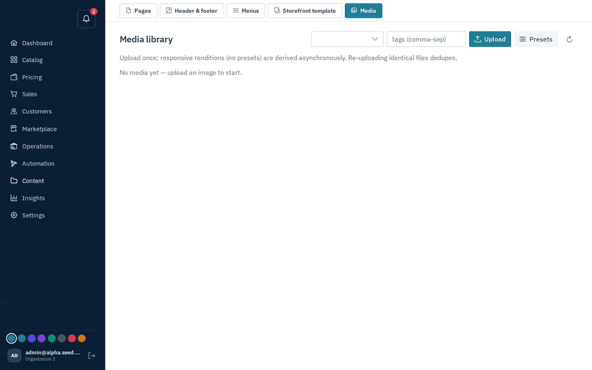 Figure: Content → Media — the asset library behind product photos and pages