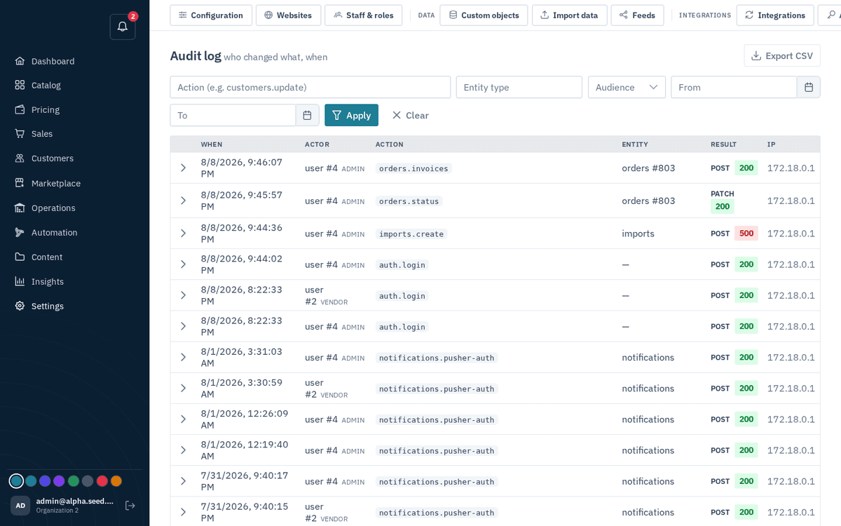 Figure: Settings → Audit log — who changed what, when, with before/after diffs