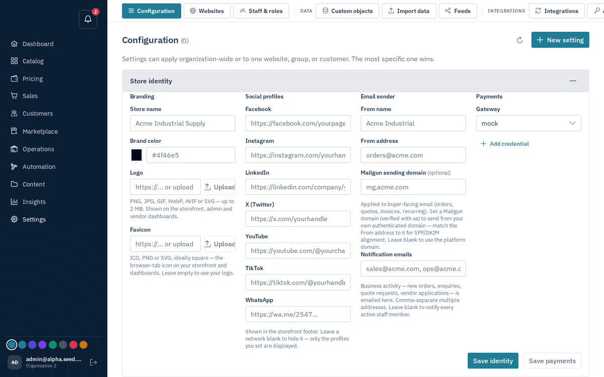 Figure: Settings → Configuration — store identity, branding, email sender, gateways