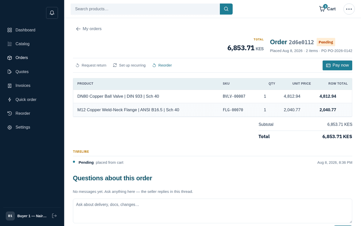 Figure: Order 2d6e0112 placed — pending status, items, timeline and message thread