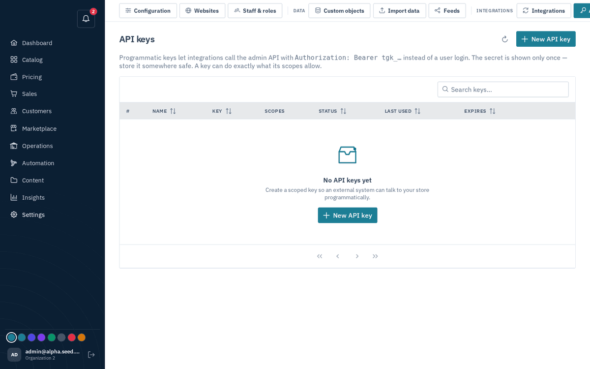 Figure: Settings → API keys — scoped programmatic tokens; the secret shows only once