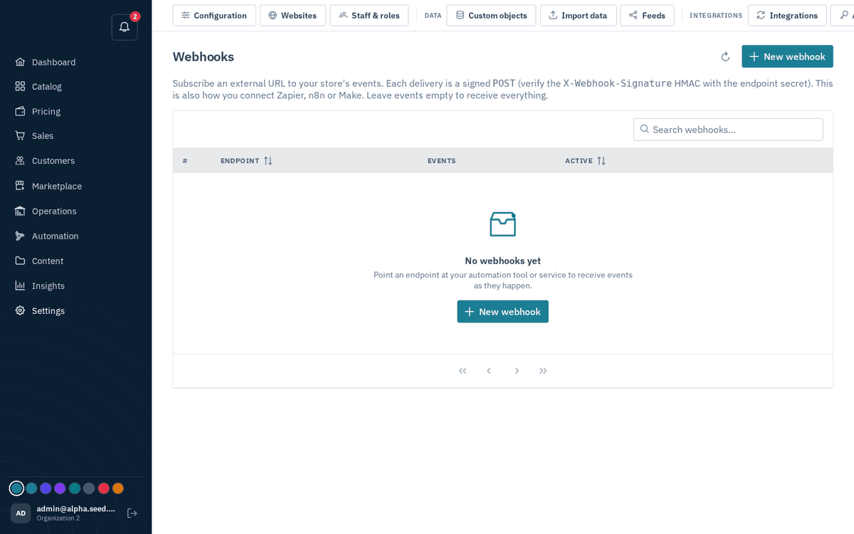 Figure: Settings → Webhooks — HMAC-signed event endpoints with delivery log and replay