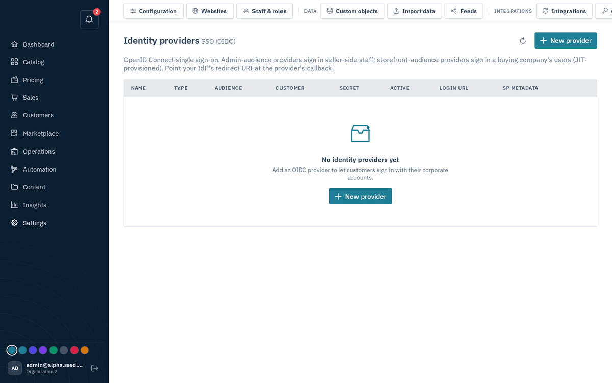 Figure: Settings → SSO providers — OIDC for staff and buyer organizations