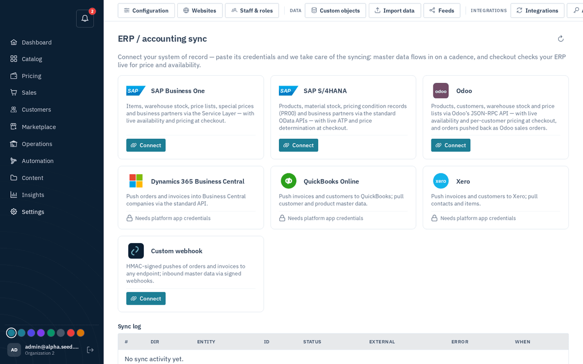 Figure: Settings → ERP sync — signed connector for orders, invoices and stock
