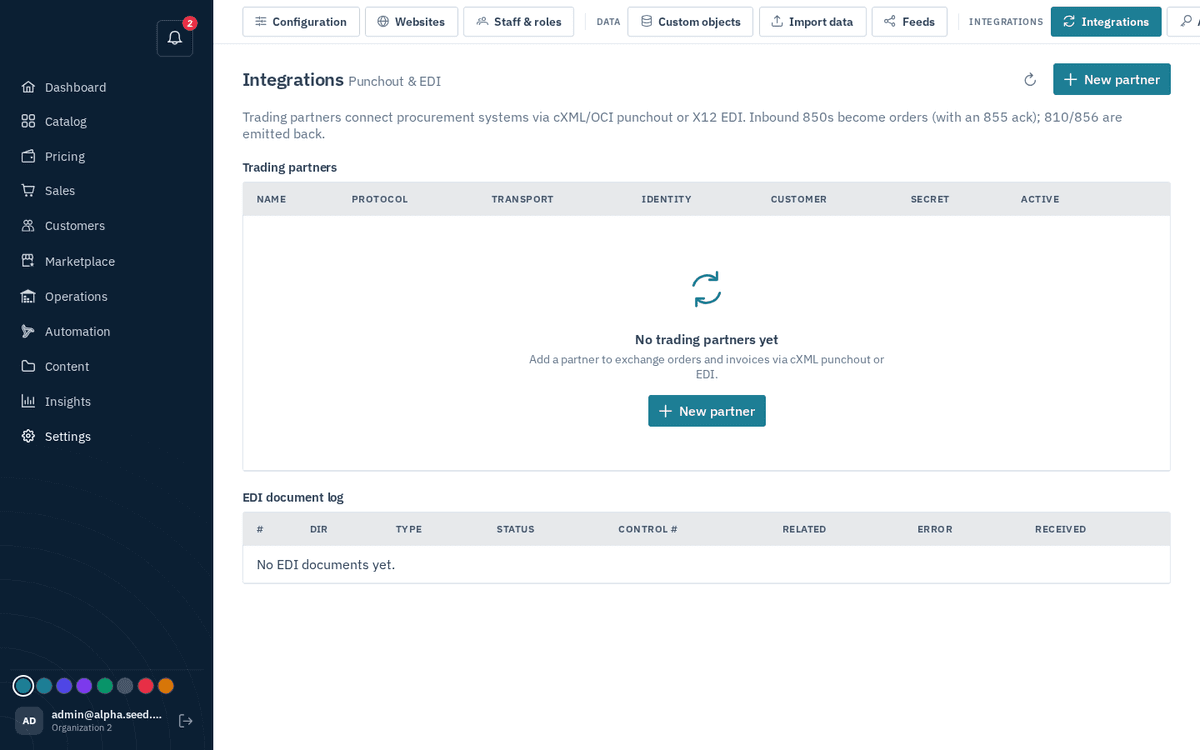 Figure: Settings → Integrations — punchout (cXML/OCI) and EDI (X12) endpoints