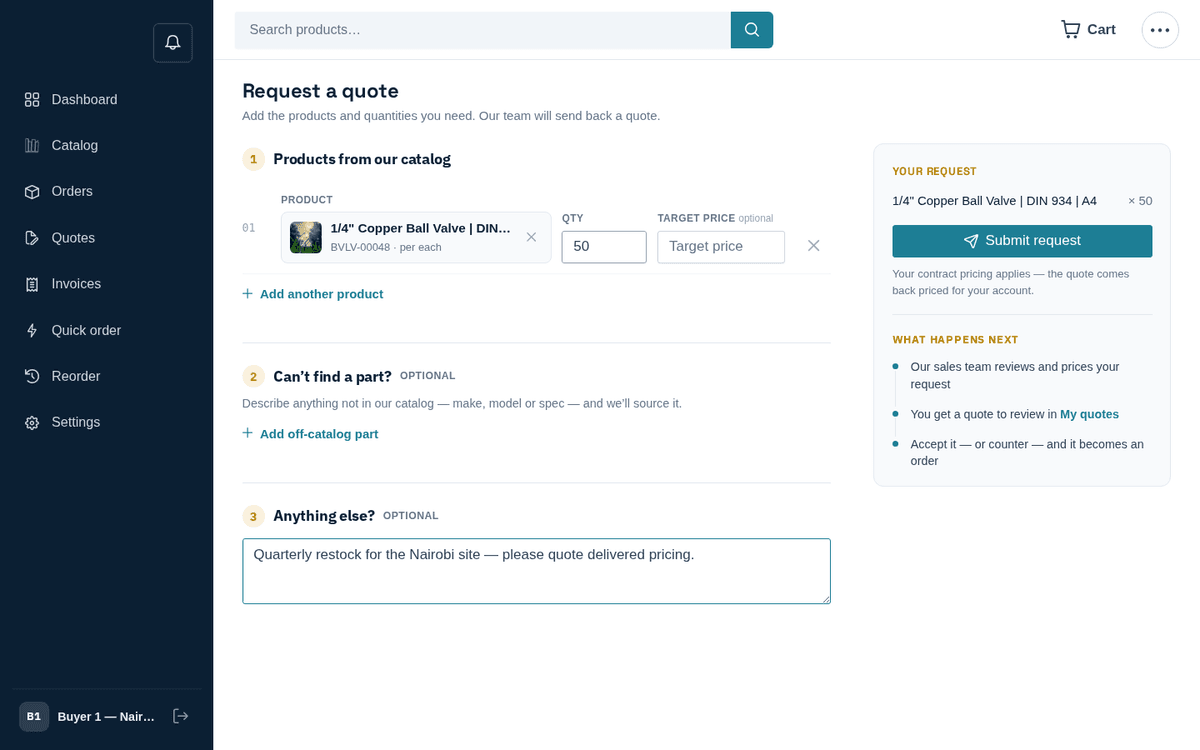 Figure: The request-a-quote builder — a picked product card with quantity and target price