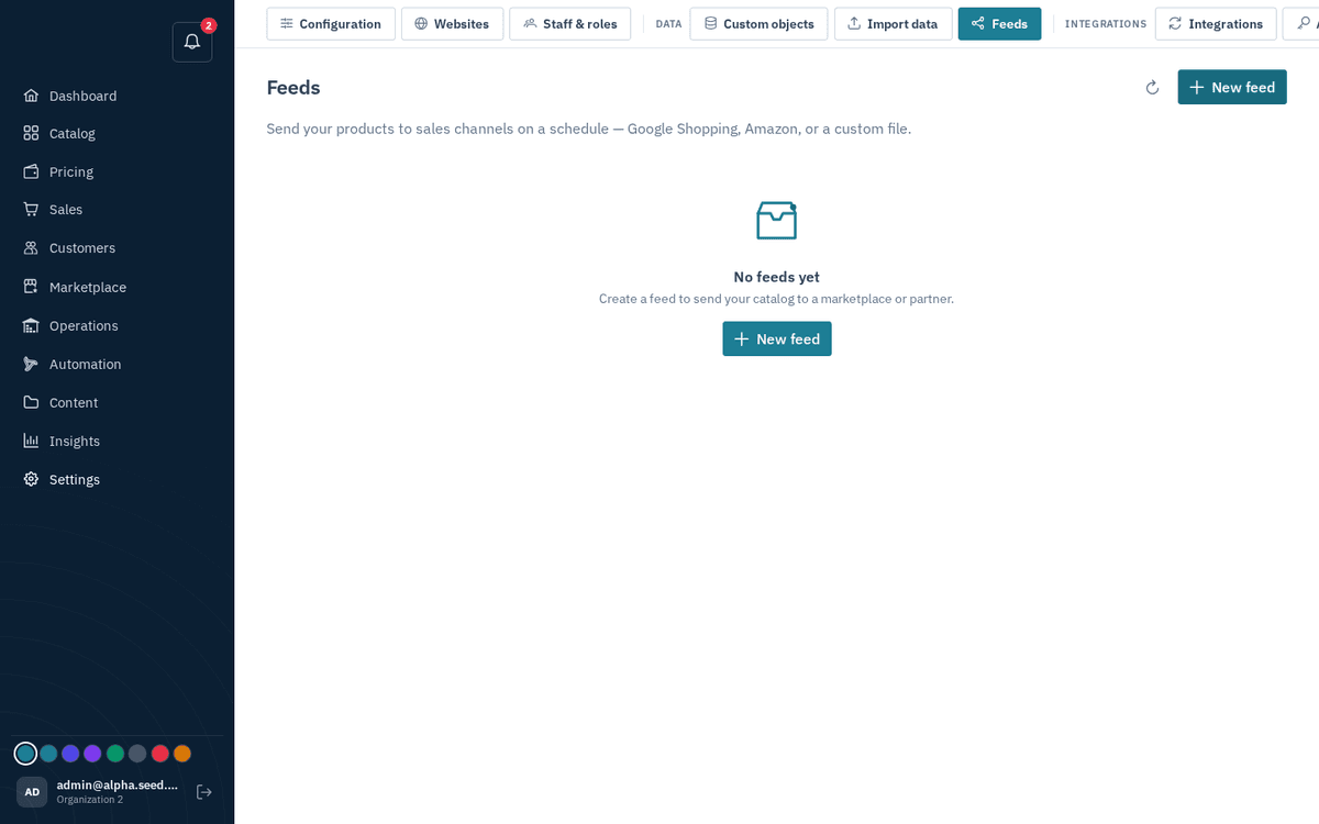 Figure: Settings → Feeds — syndication channels (Google Shopping, Amazon, custom)