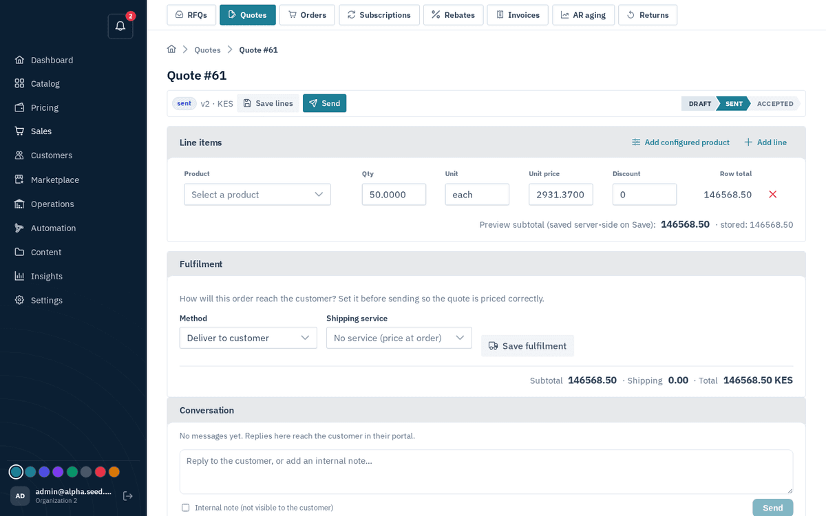 Figure: Admin quote editor — Quote #61, sent automatically by the Instant quotes automation