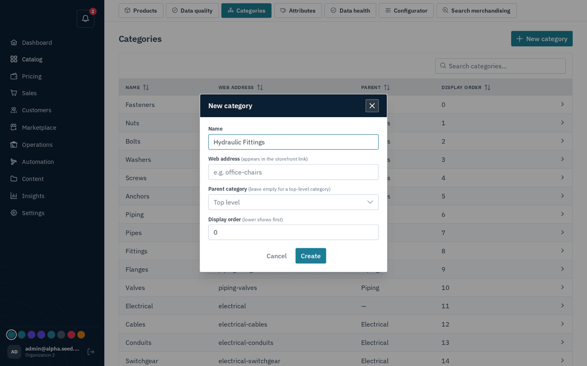Figure: New category — name, web address, parent and display order
