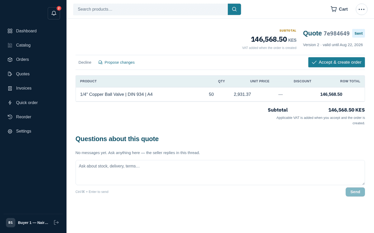 Figure: The buyer’s view of the quote — Decline, Propose changes, or Accept &amp; create order