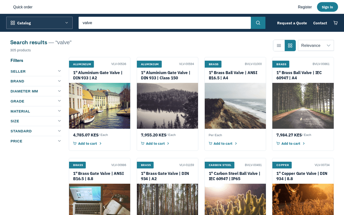 Figure: Searching the catalog for “valve” — results with filters on the left