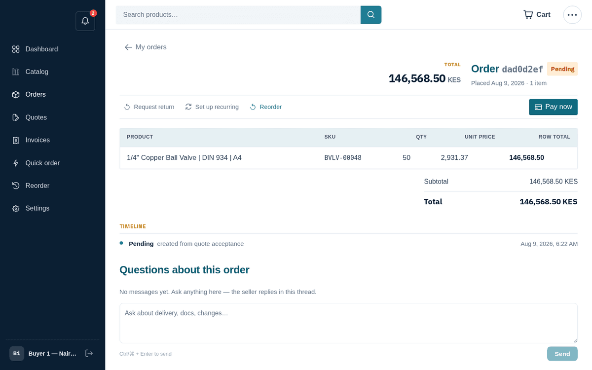 Figure: Accepting the quote creates the order and opens its tracking page