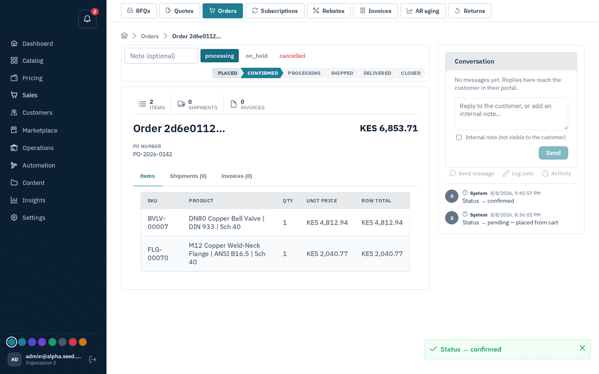 Figure: Admin order detail — the ribbon, transition buttons and the “Status → confirmed” toast