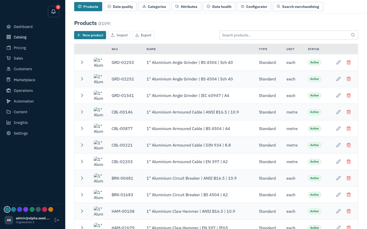 Figure: Catalog → Products — search, import/export, status tags and inline edit