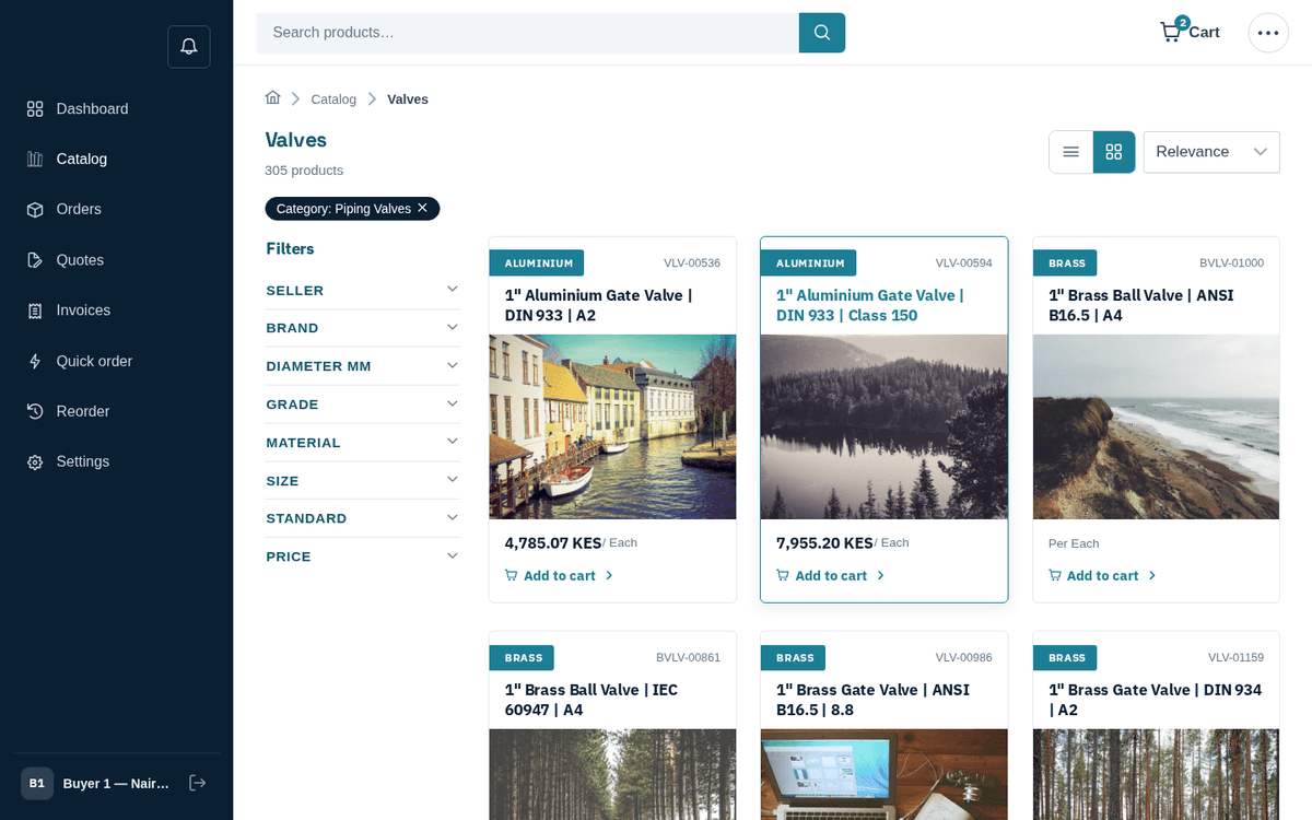 Figure: Browsing the Valves category — tiles, filters and sorting