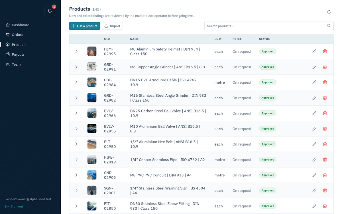 Figure: The Products page — your catalog with status tags, edit and archive actions